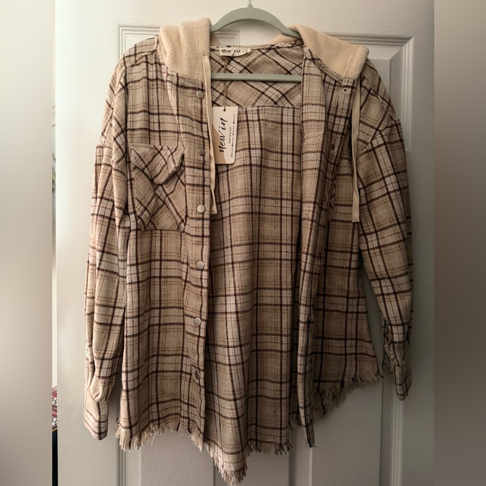 Very J Cream and Brown Plaid Shacket